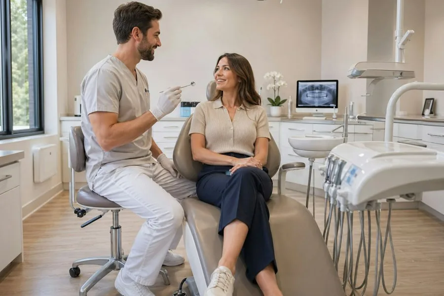 Dentista conversando com paciente na clínica