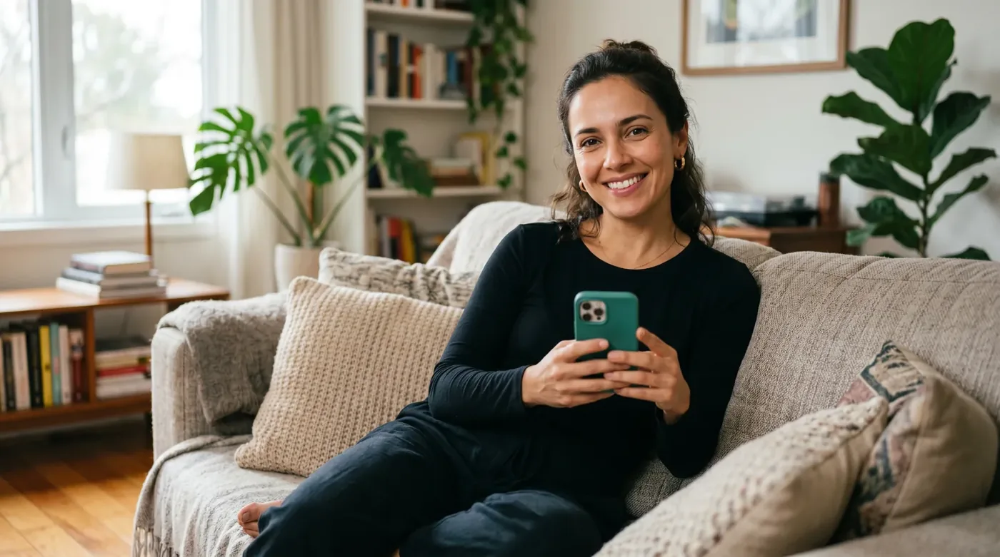 Mulher sorrindo comprando pelo celular depois de ver um vídeo da marca